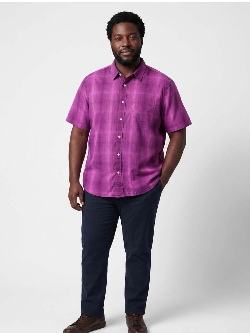 Levi's Standard Fit Short Sleeve Plaid Button-Down Shirt, Magenta/Purple, XXL